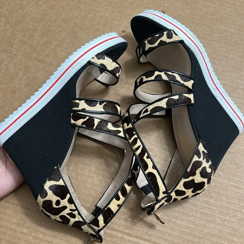 Leopard Print Strappy Wedge Sandals - Black & Tan